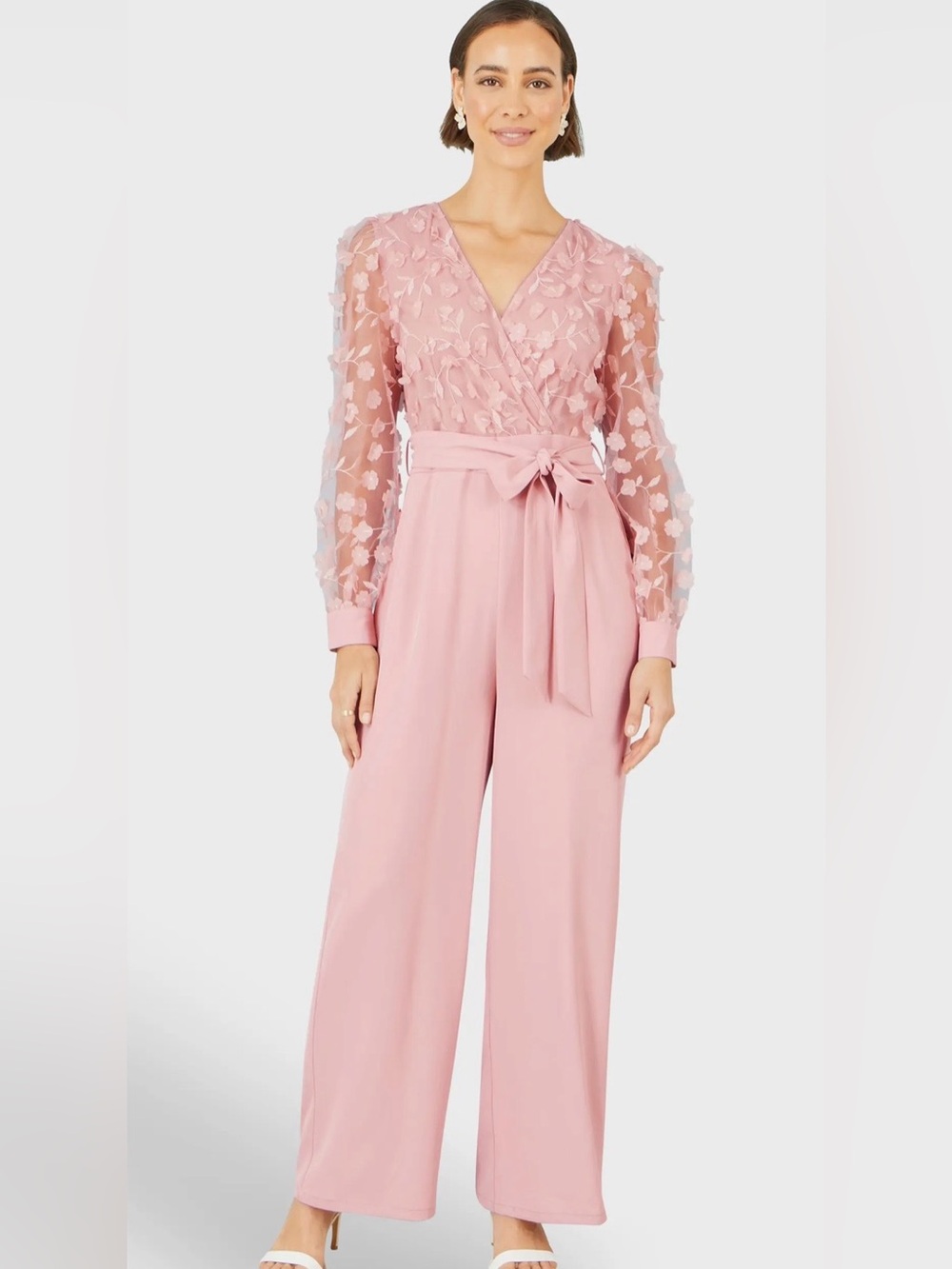 Yumi NWT Pink Floral Appliqué Sash Waist Wide Leg Jumpsuit Size 8